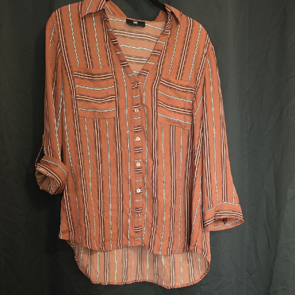 Iz Byer Brown and Black Striped Blouse